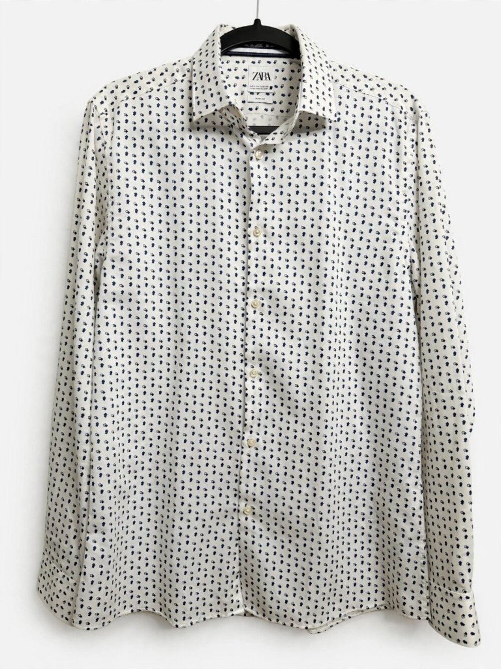 ZARA Men's White Navy Geometric Print Dress Shirt Slim Fit Size M